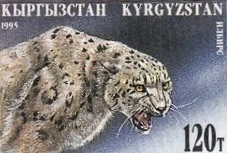 A Kyrgyz postage stamp from the 1995 Fauna of Kyrgyzstan series illustrated by A. Kongurbaev. The animal portrayed here is an angry snow leopard. It represents author Adriane because they are both widely used in heraldry and as an emblem in Central Asia.